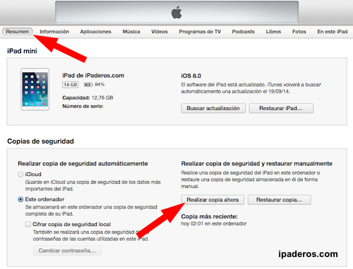 cómo instalar iOS 8 copia seguridad
