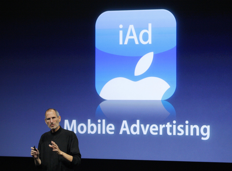 Apple Inc. CEO Steve Jobs speaks about the iAd mobile advertising platform at a special event at Apple headquarters in Cupertino