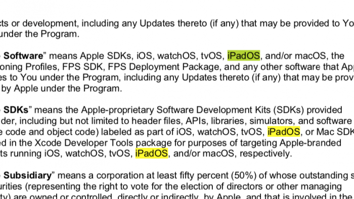 Mención a iPadOS en un documento de Apple
